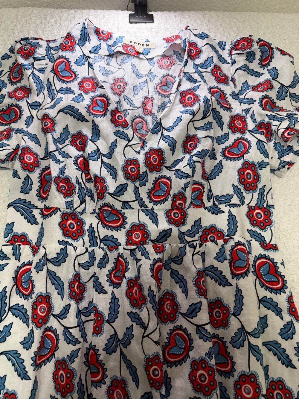Boden Cream V-Neck Floral Blouse with Red & Blue Print